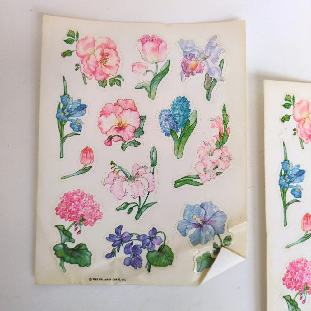 Vintage 80s Hallmark Flower‎ Sticker Sheets (2) - Iris, Peony, Hydrangea, Tulip